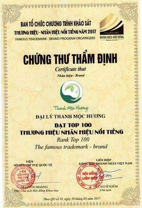 Chứng nhận thanh mộc hương đạt top 100 thương hiệu nổi tiếng