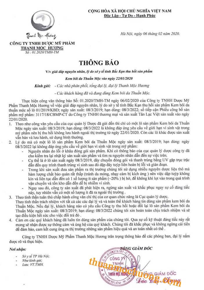 nguyên nhân kem bôi da thuần mộc bị thu hồi